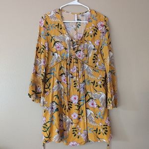 xhilaration bell sleeve yellow bird dress with crochet details